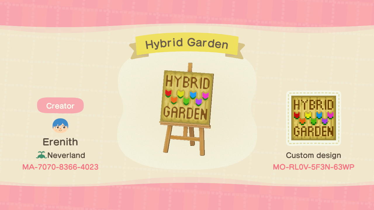 Animal Crossing Design Code: MO-RL0V-5F3N-63WP Hybrid Garden Sign