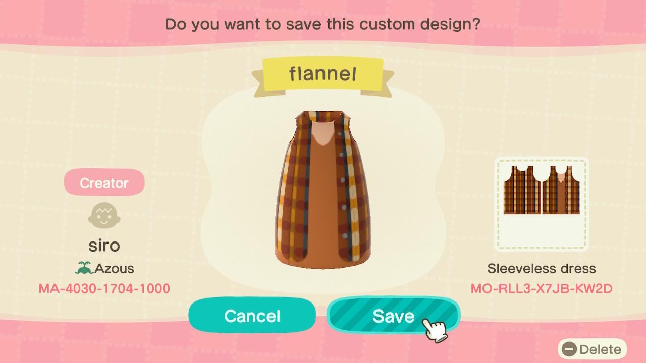 Animal Crossing Design Code: MO-RLL3-X7JB-KW2D Long Flannel