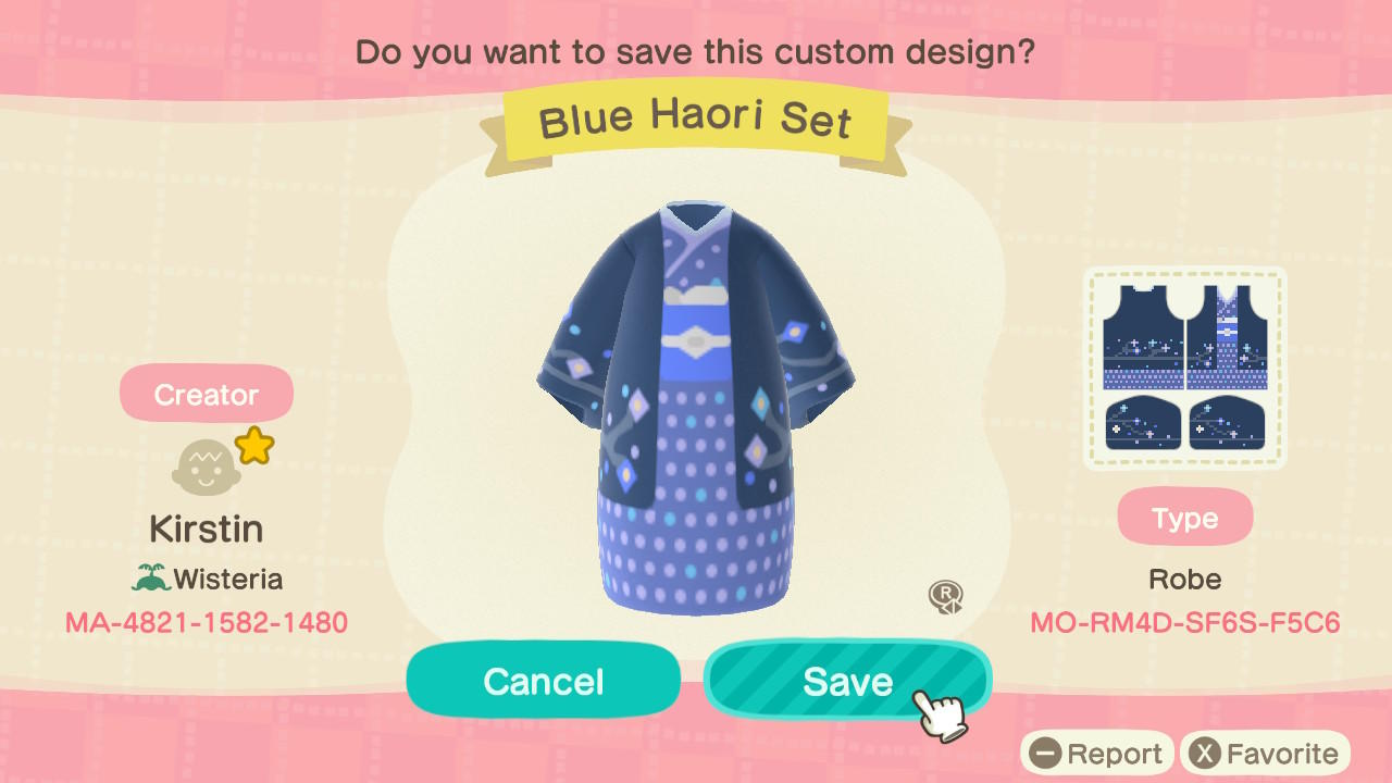 Animal Crossing Design Code: MO-RM4D-SF6S-F5C6 Blue Haori Set