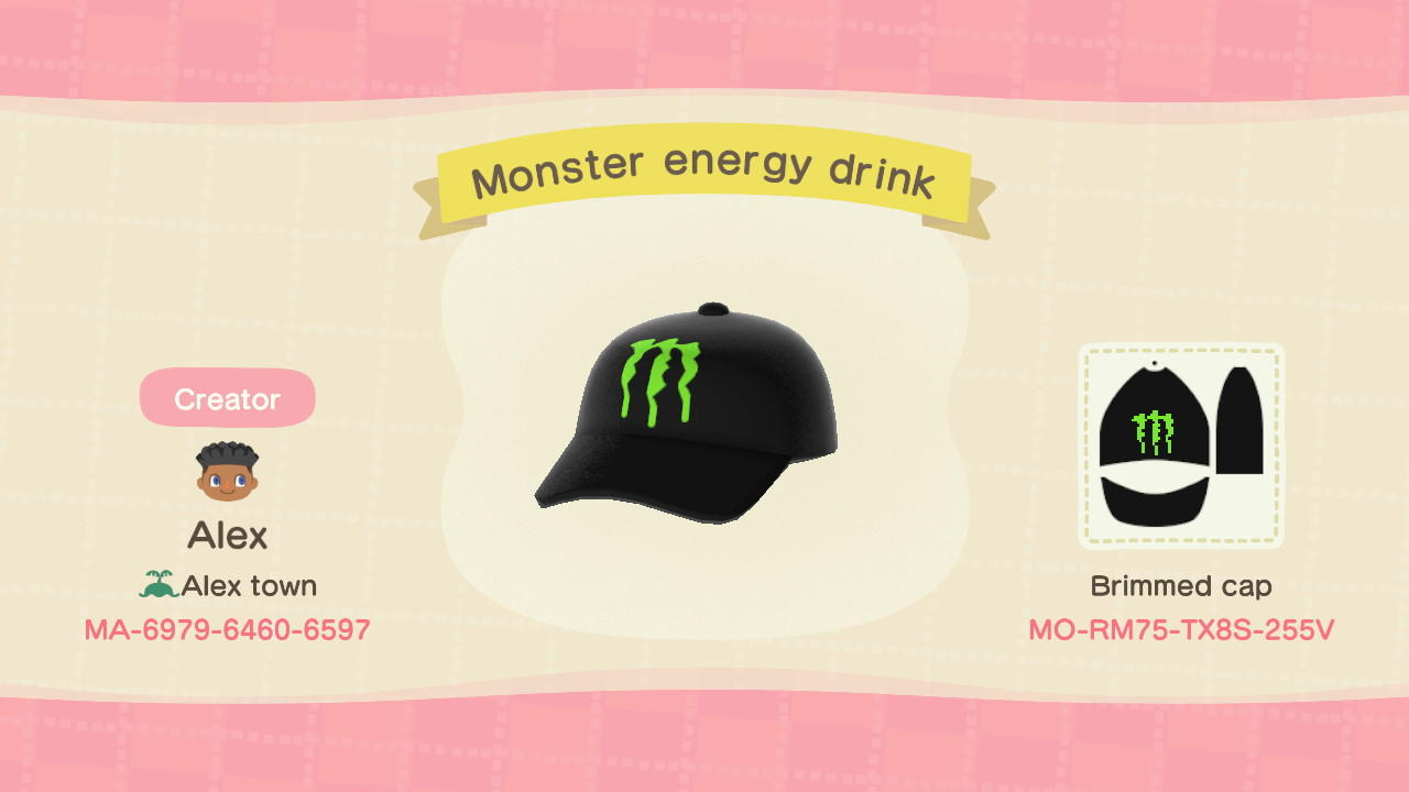 Animal Crossing Design Code: MO-RM75-TX8S-255V Monster energy drink