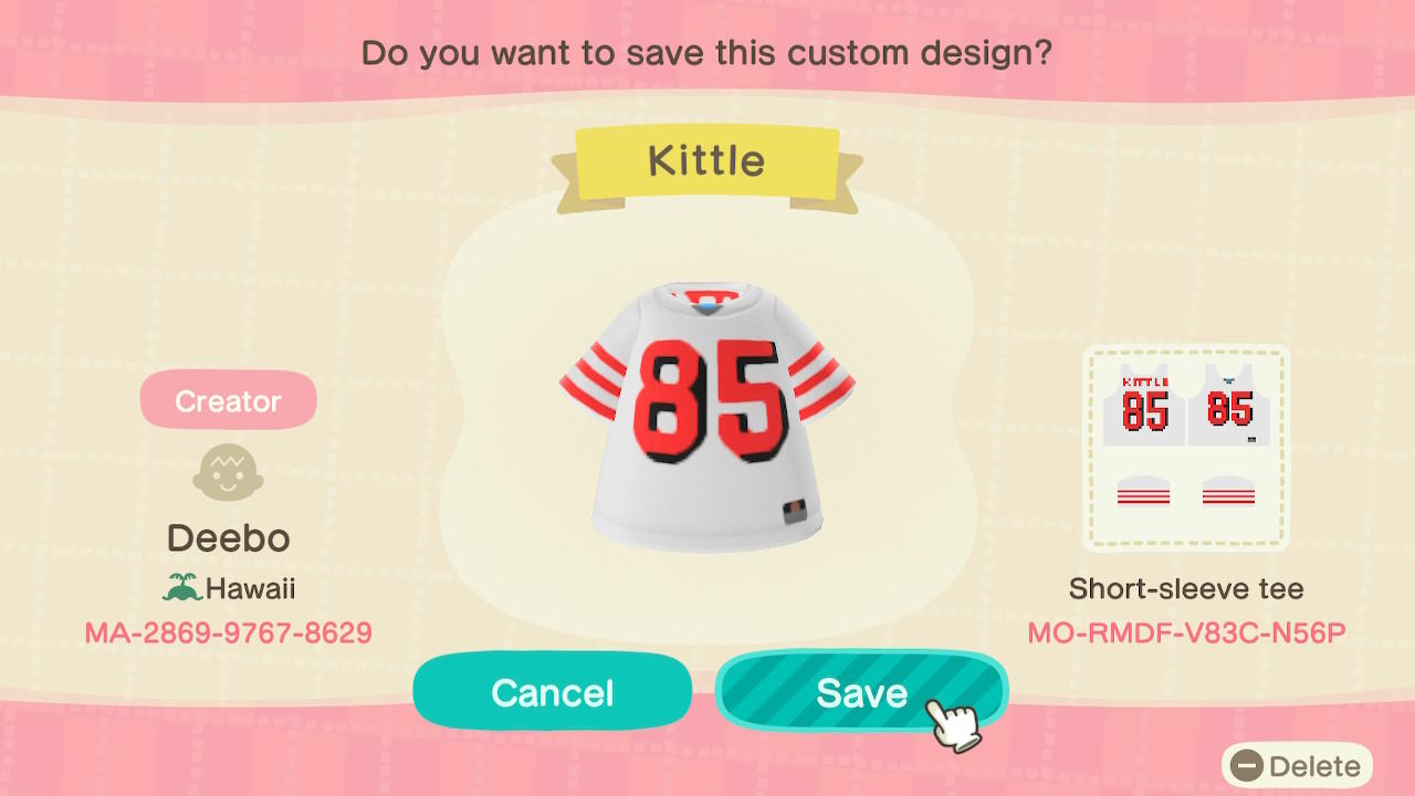 Animal Crossing Design Code: MO-RMDF-V83C-N56P SF 49ers G. Kittle