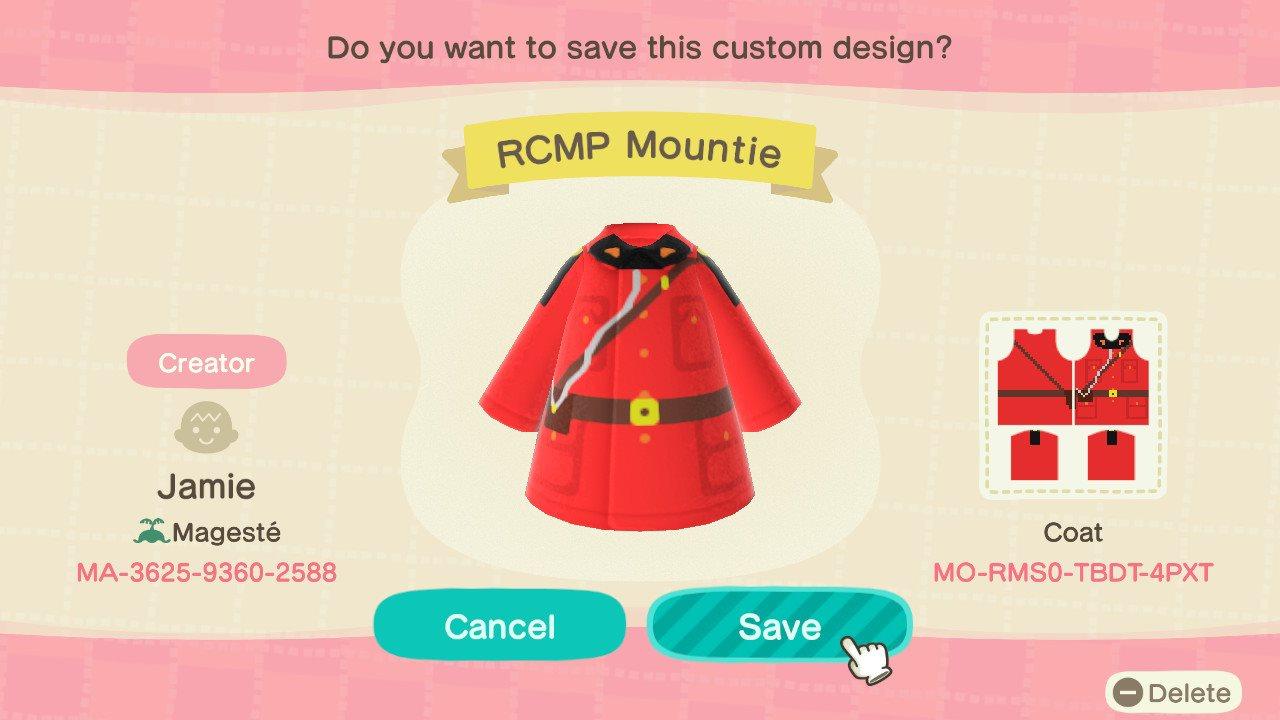 Animal Crossing Design Code: MO-RMS0-TBDT-4PXT RCMP Mountie