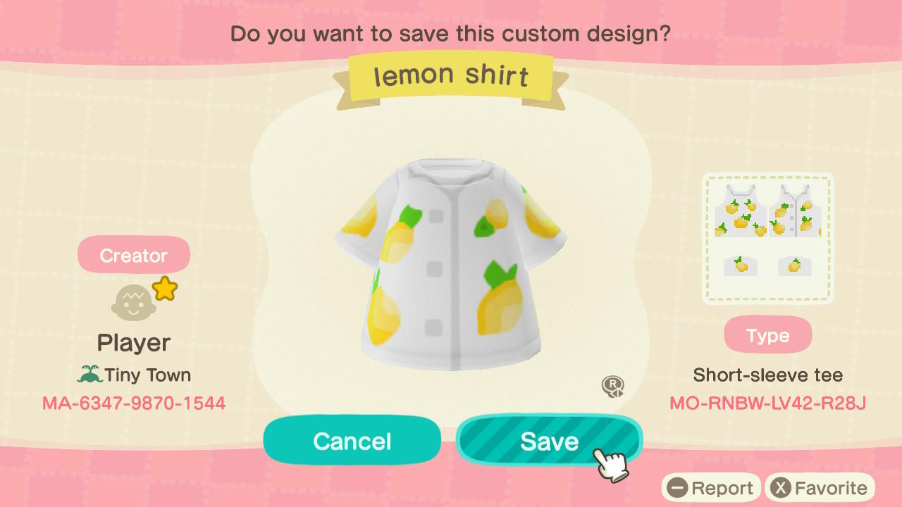 Animal Crossing Design Code: MO-RNBW-LV42-R28J Lemon Button-Up Shir