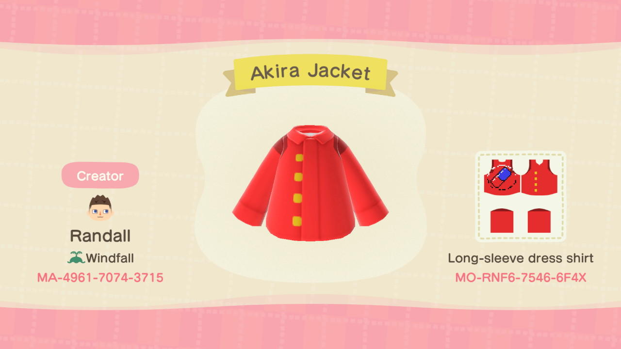 Animal Crossing Design Code: MO-RNF6-7546-6F4X Akira Jacket