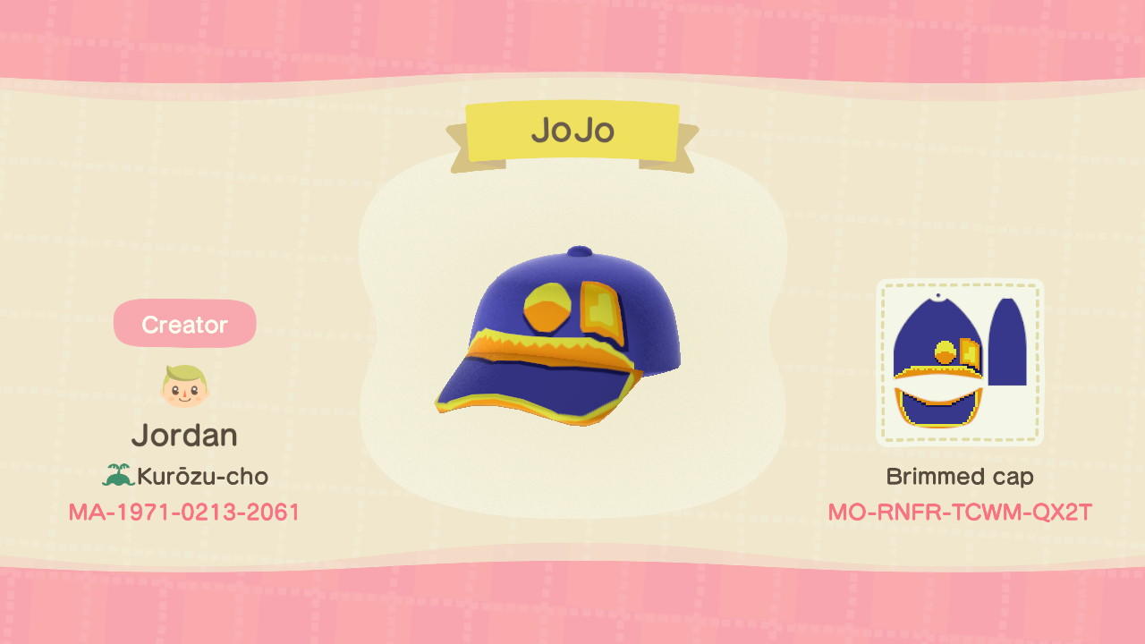Animal Crossing Design Code: MO-RNFR-TCWM-QX2T JoJo Hat