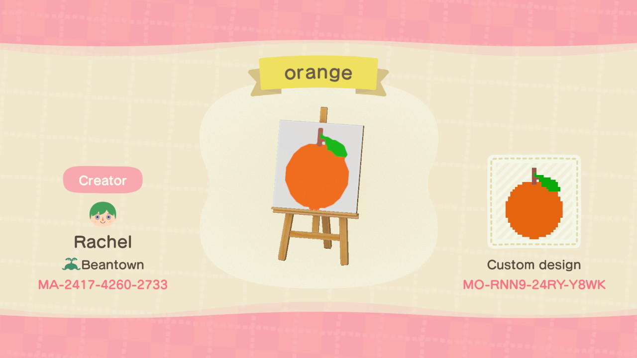 Animal Crossing Design Code: MO-RNN9-24RY-Y8WK orange