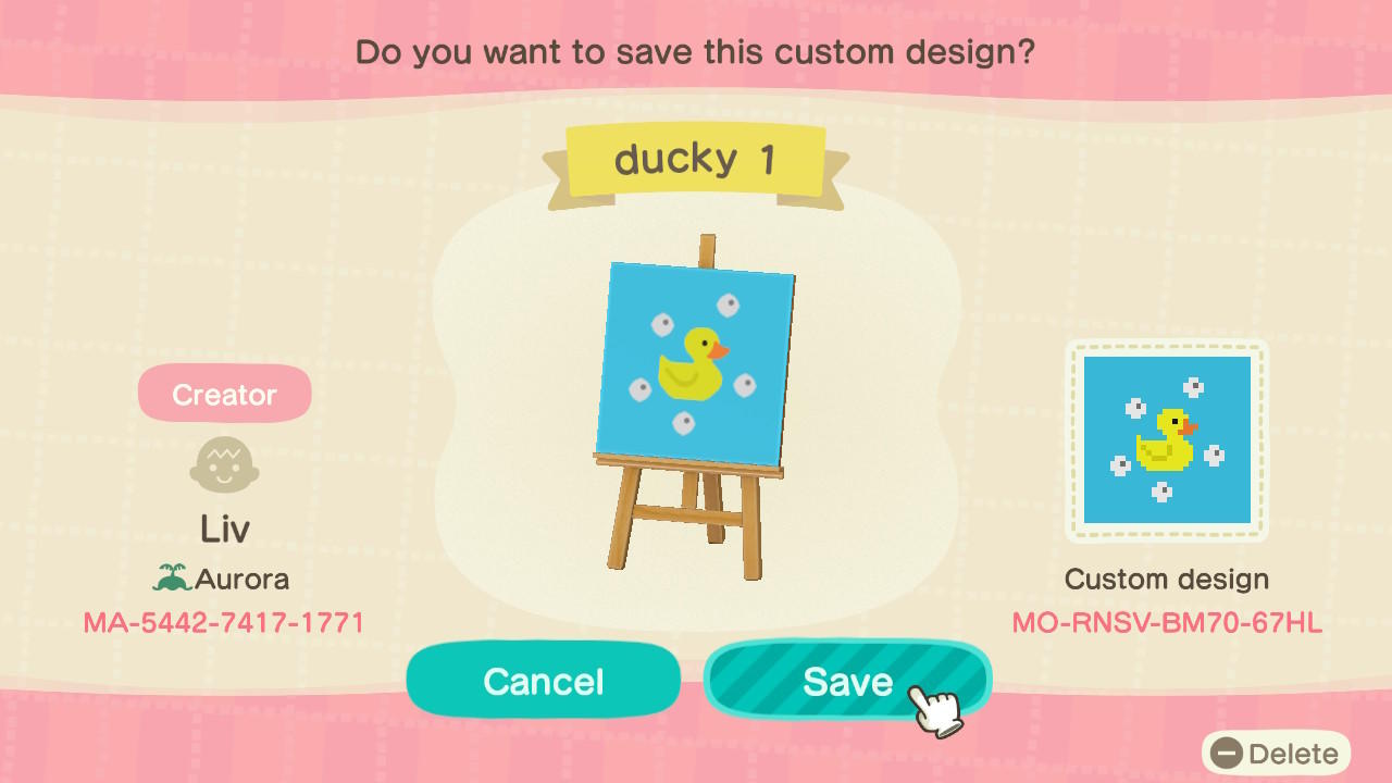 Animal Crossing Design Code: MO-RNSV-BM70-67HL ducky 1