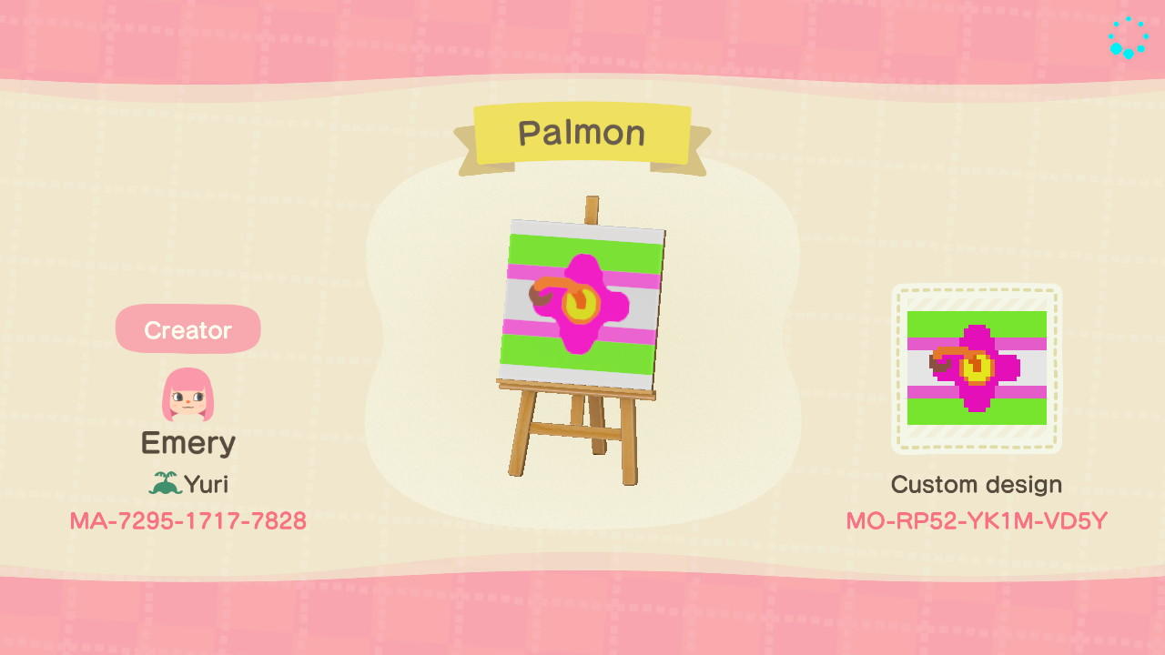 Animal Crossing Design Code: MO-RP52-YK1M-VD5Y Palmon