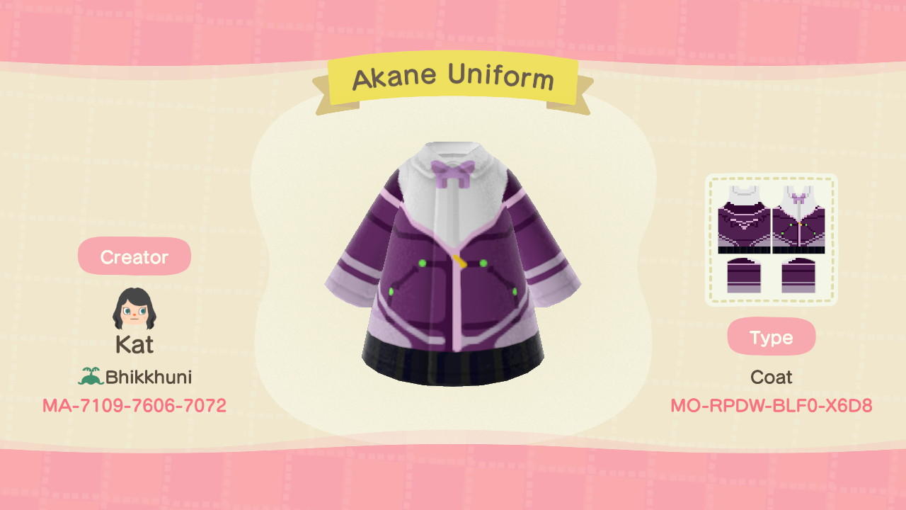 Animal Crossing Design Code: MO-RPDW-BLF0-X6D8 Akane Uniform