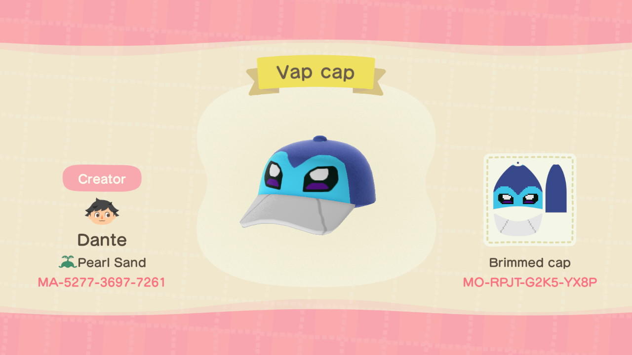 Animal Crossing Design Code: MO-RPJT-G2K5-YX8P Vap cap