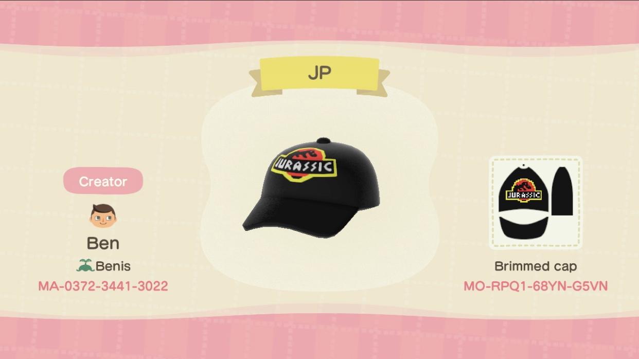 Animal Crossing Design Code: MO-RPQ1-68YN-G5VN Jurassic Park Hat