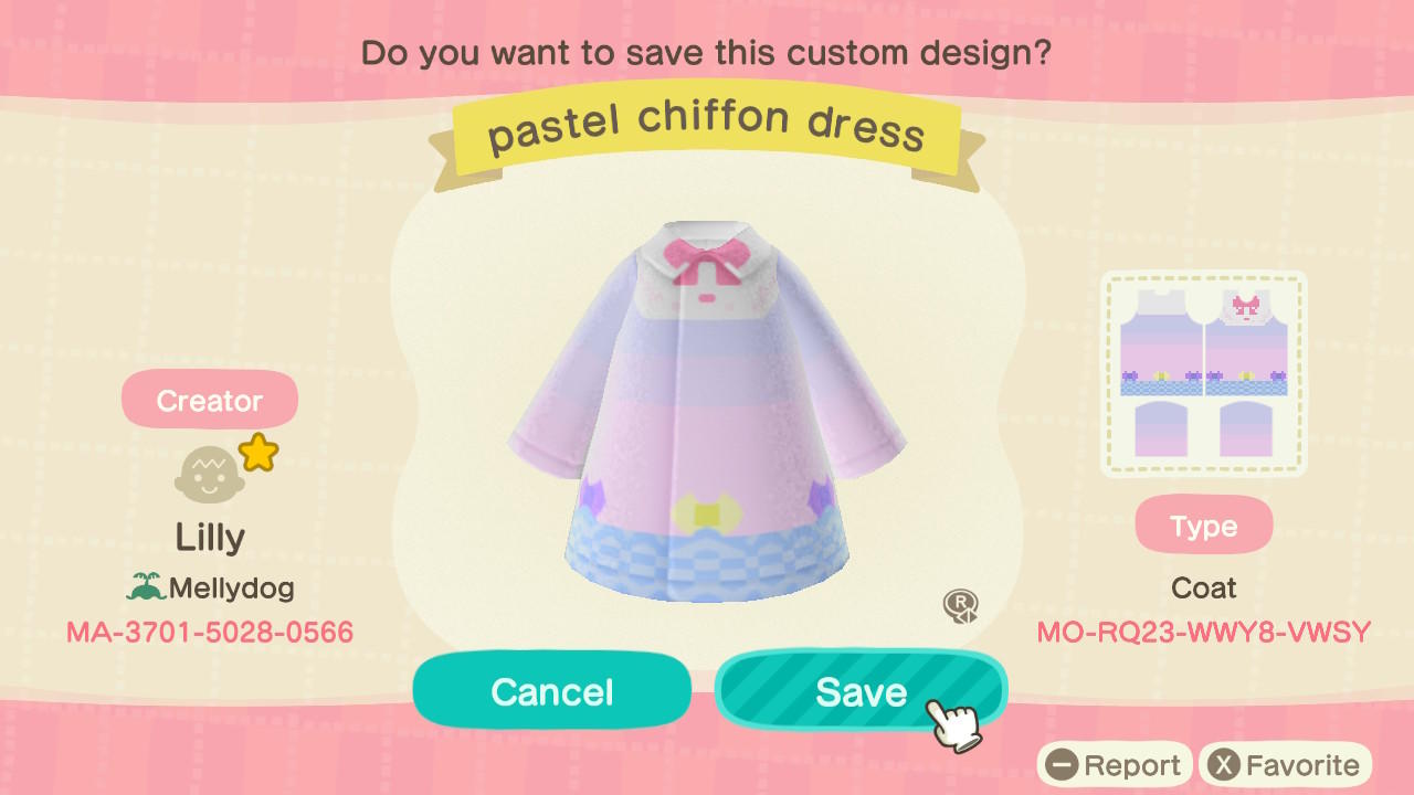 Animal Crossing Design Code: MO-RQ23-WWY8-VWSY Pastel Chiffon Dress