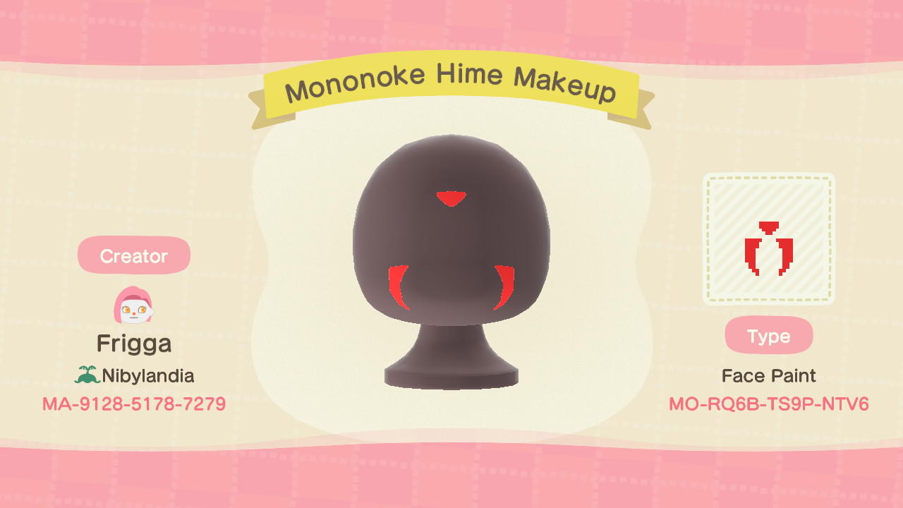 Animal Crossing Design Code: MO-RQ6B-TS9P-NTV6 Mononoke Hime Makeup