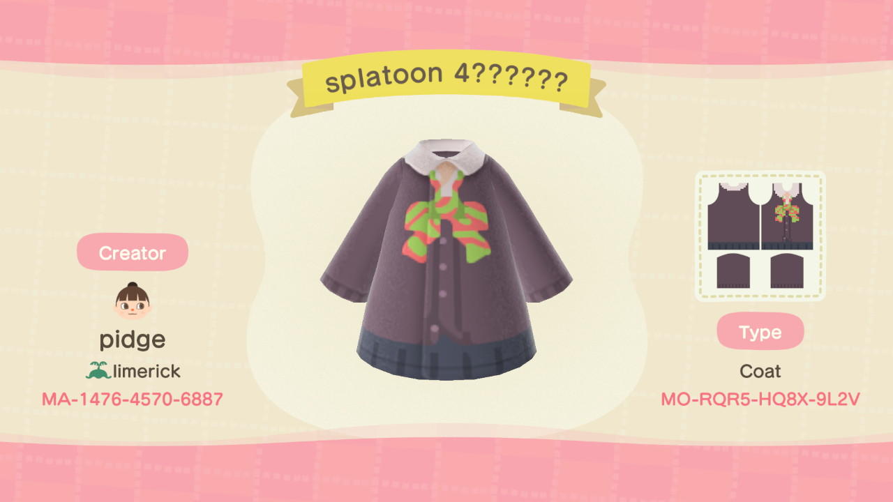 Animal Crossing Design Code: MO-RQR5-HQ8X-9L2V splatoon s. cardigan
