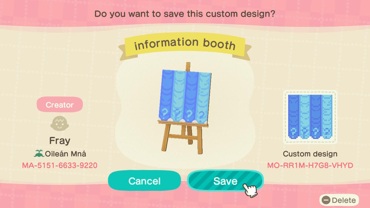 Animal Crossing Design Code: MO-RR1M-H7G8-VHYD Information Booth