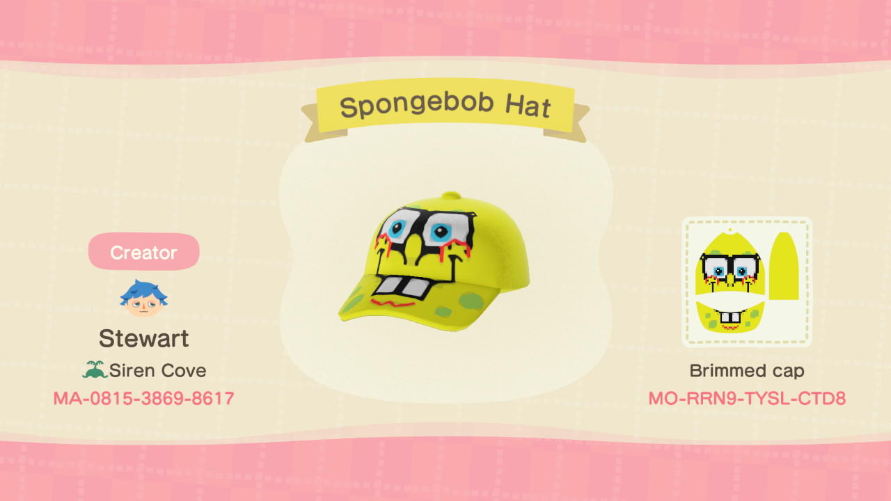 Animal Crossing Design Code: MO-RRN9-TYSL-CTD8 Spongebob Hat