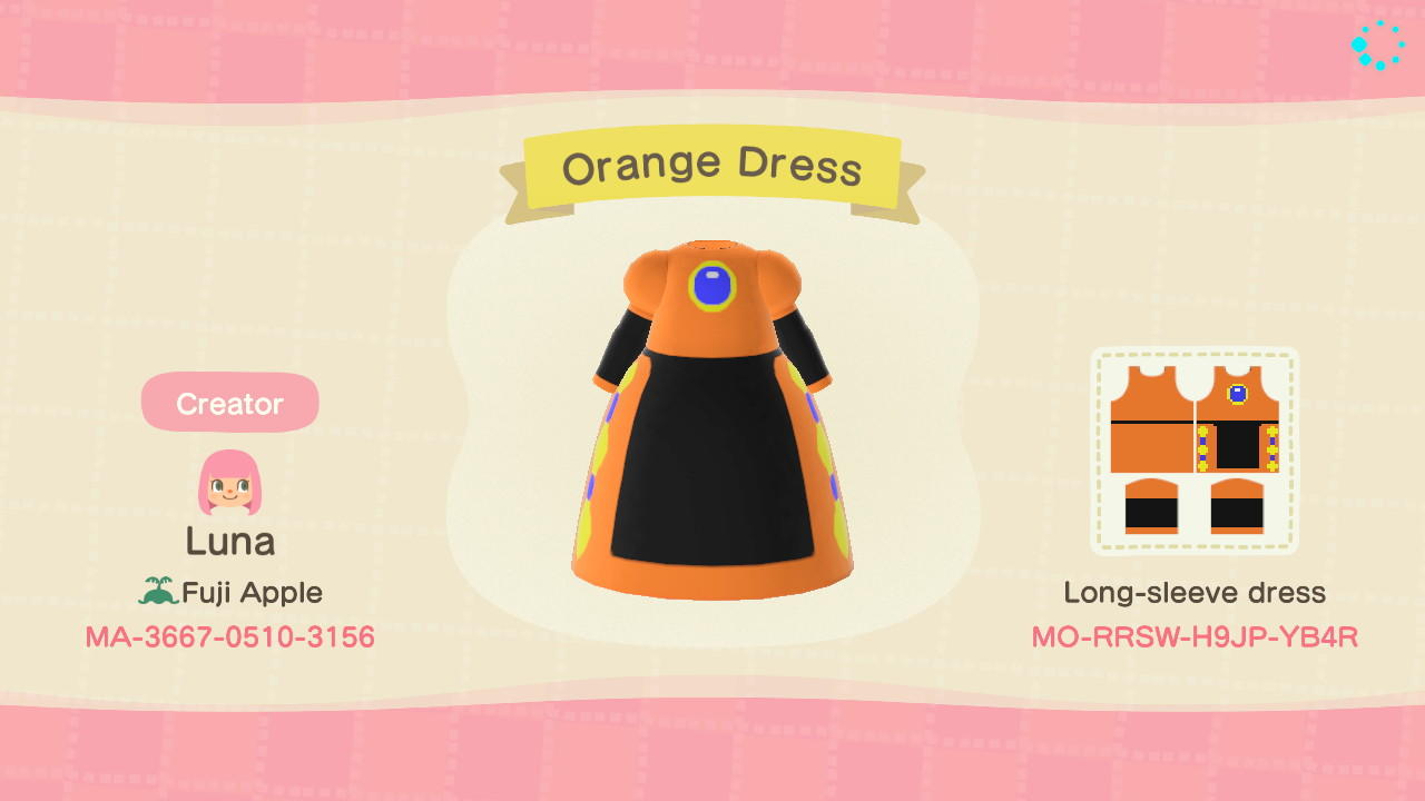 Animal Crossing Design Code: MO-RRSW-H9JP-YB4R Orange Dress