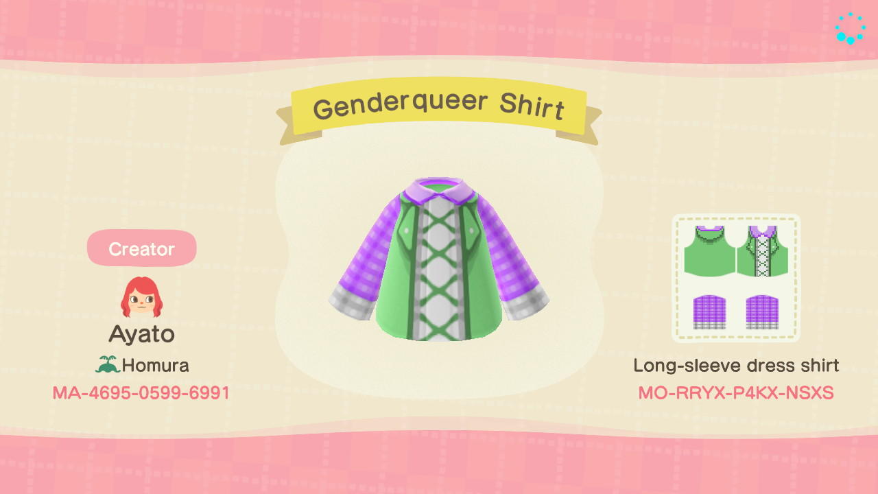 Animal Crossing Design Code: MO-RRYX-P4KX-NSXS Genderqueer Pride Sh