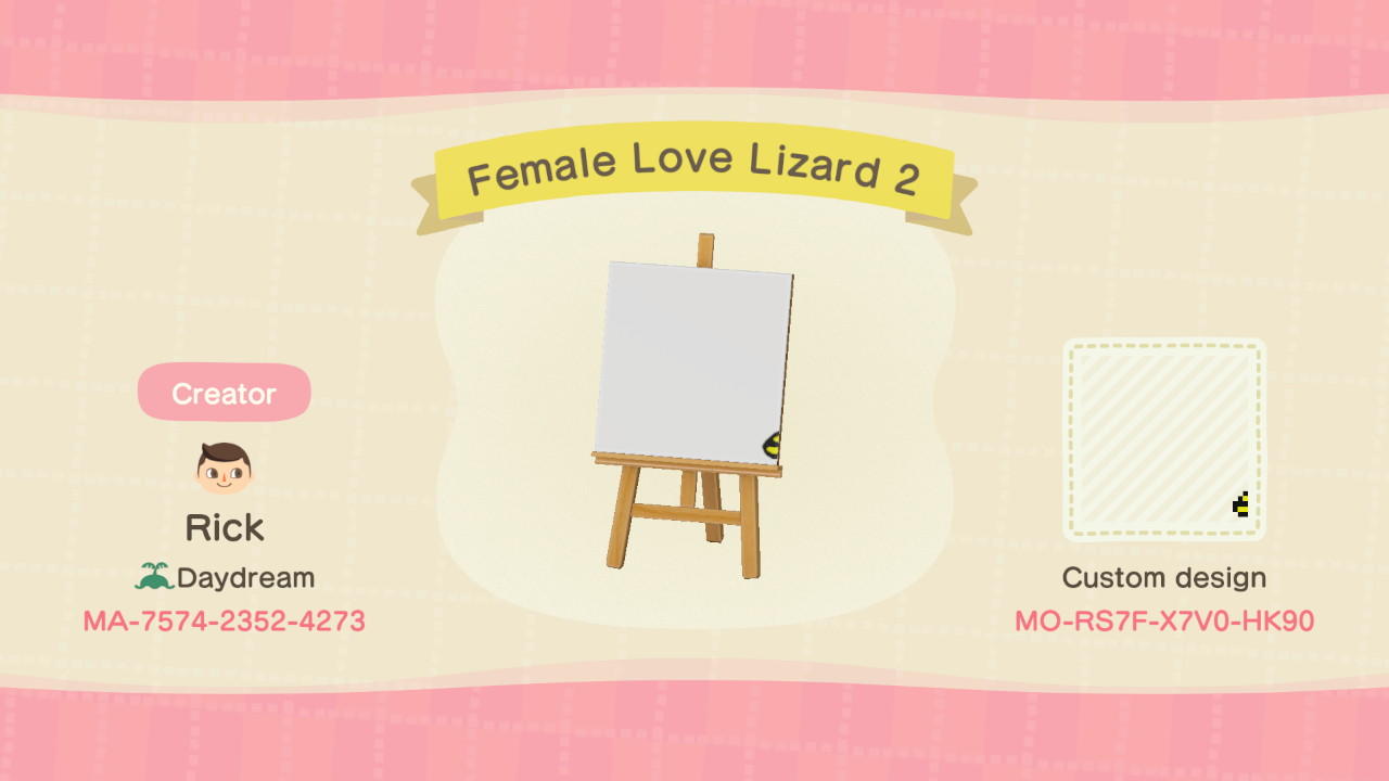 Animal Crossing Design Code: MO-RS7F-X7V0-HK90 Female Love Lizard 2