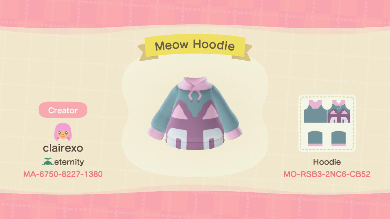 Animal Crossing Design Code: MO-RSB3-2NC6-CB52 Meow Hoodie