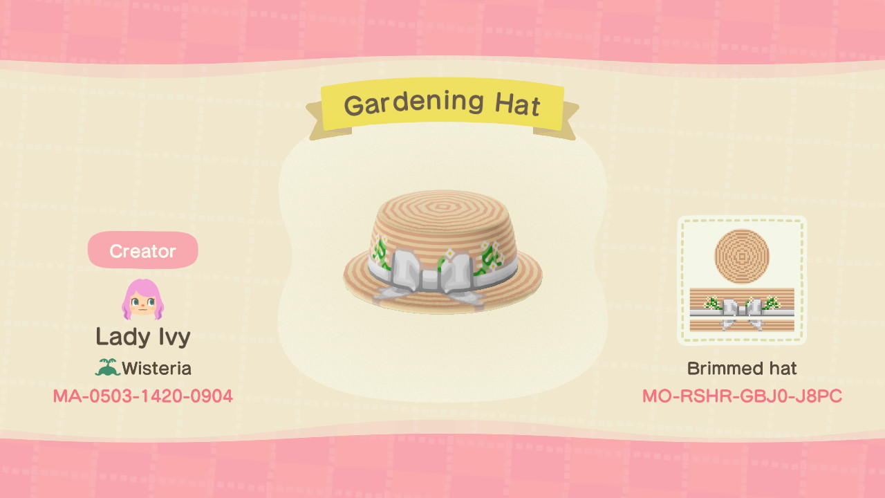 Animal Crossing Design Code: MO-RSHR-GBJ0-J8PC Gardening Hat