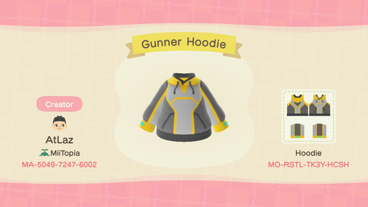Animal Crossing Design Code: MO-RSTL-TK3Y-HCSH Mii Gunner Hoodie