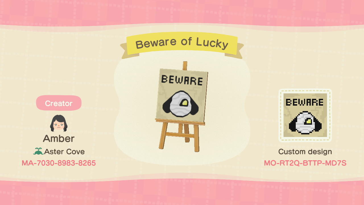 Animal Crossing Design Code: MO-RT2Q-BTTP-MD75 Beware of Lucky