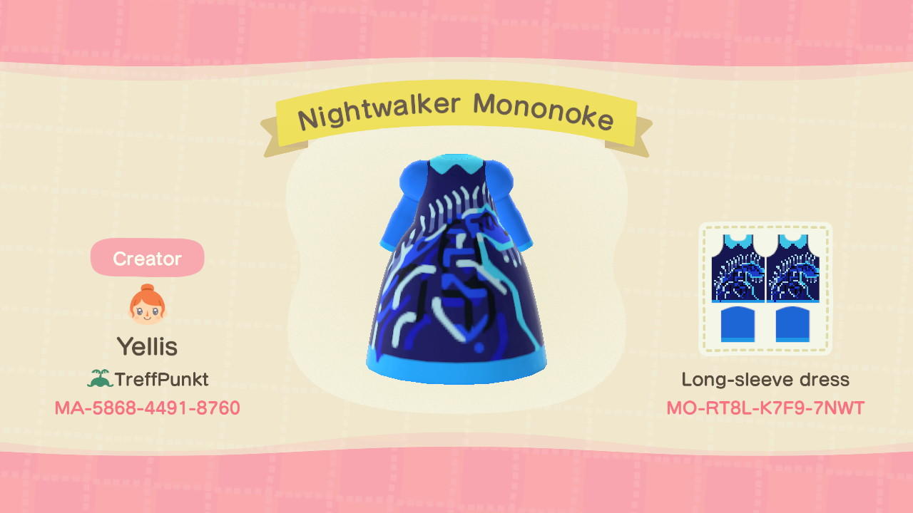 Animal Crossing Design Code: MO-RT8L-K7F9-7NWT Nightwalker Mononoke