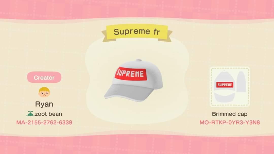 Animal Crossing Design Code: MO-RTKP-0YR3-Y3N8 Supreme Hat