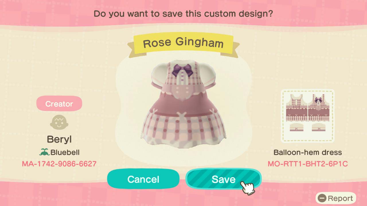 Animal Crossing Design Code: MO-RTT1-BHT2-6P1C Rose Gingham