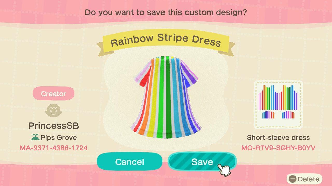 Animal Crossing Design Code: MO-RTV9-SGHY-B0YV Rainbow Stripe Dress