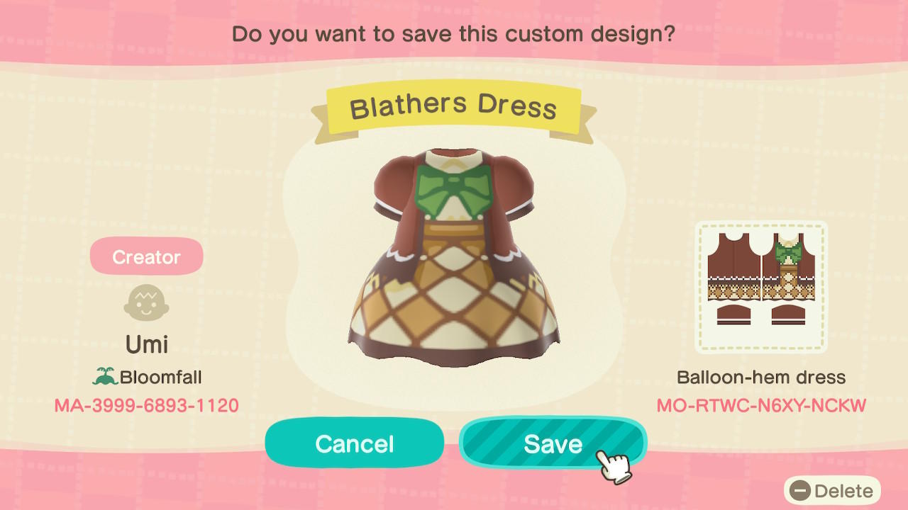 Animal Crossing Design Code: MO-RTWC-N6XY-NCKW Blathers Dress