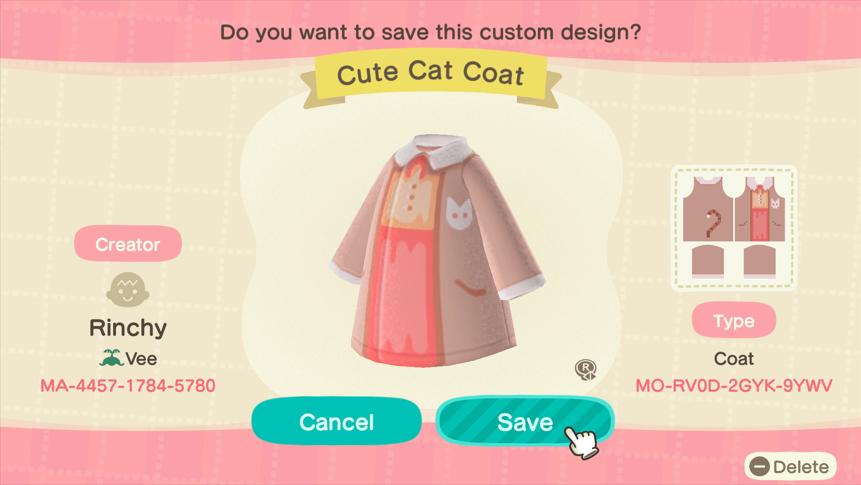 Animal Crossing Design Code: MO-RV0D-2GYK-9YWV Cute Cat Coat