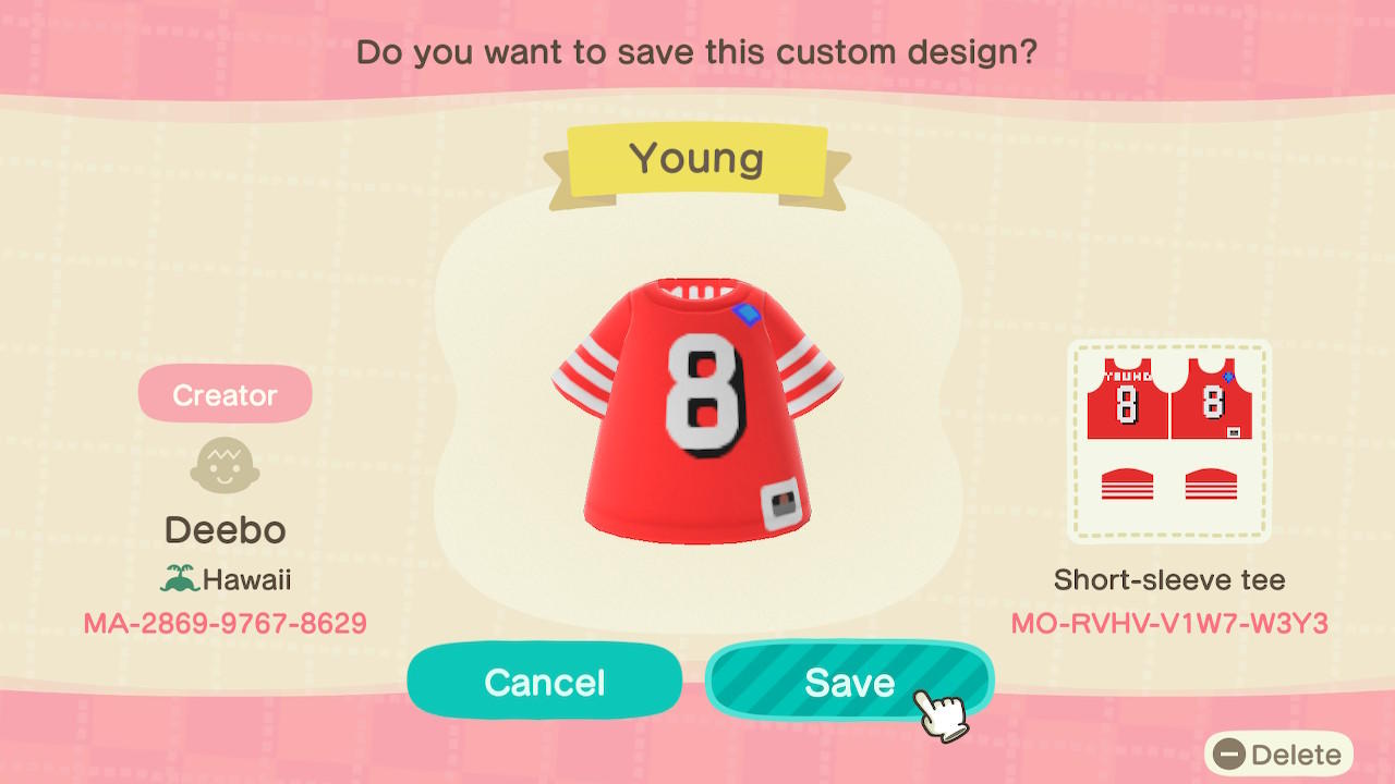Animal Crossing Design Code: MO-RVHV-V1W7-W3Y3 SF 49ers S. Young