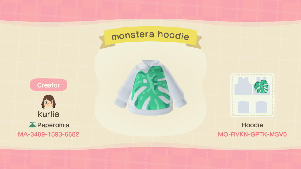Animal Crossing Design Code: MO-RVKN-GPTK-MSV0 Monstera Hoodie