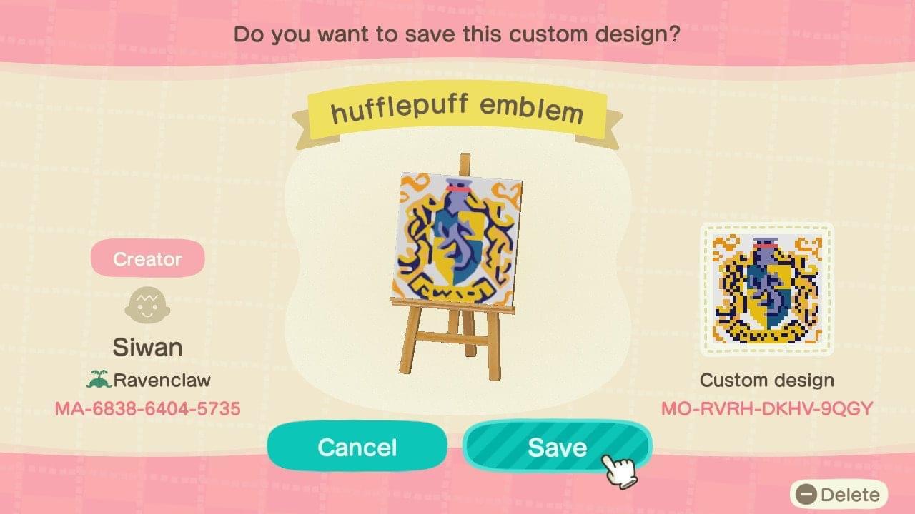 Animal Crossing Design Code: MO-RVRH-DKHV-9QGY Hufflepuff emblem