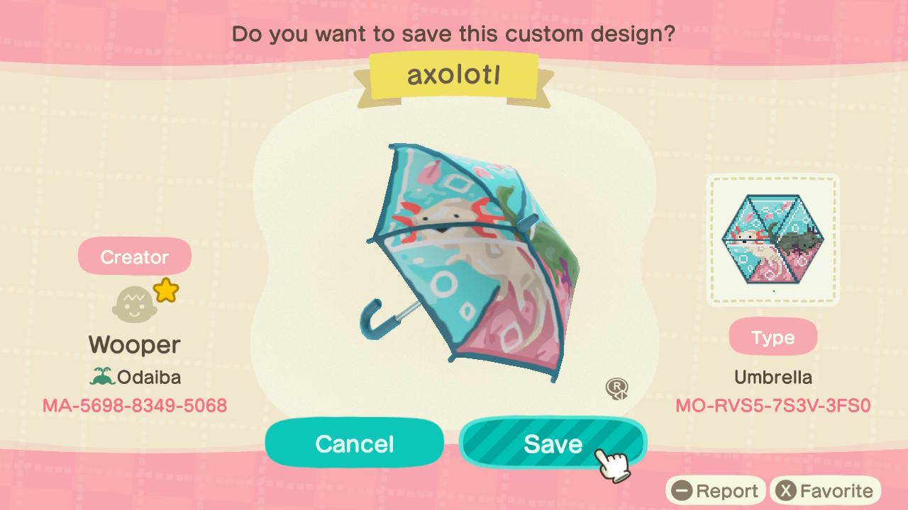 Animal Crossing Design Code: MO-RVS5-7S3V-3FS0 Axolotl