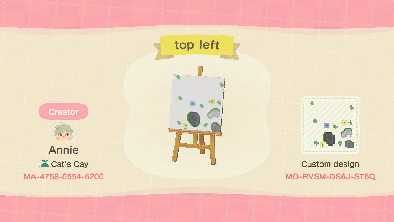 Animal Crossing Design Code: MO-RVSM-DS6J-ST6Q top left