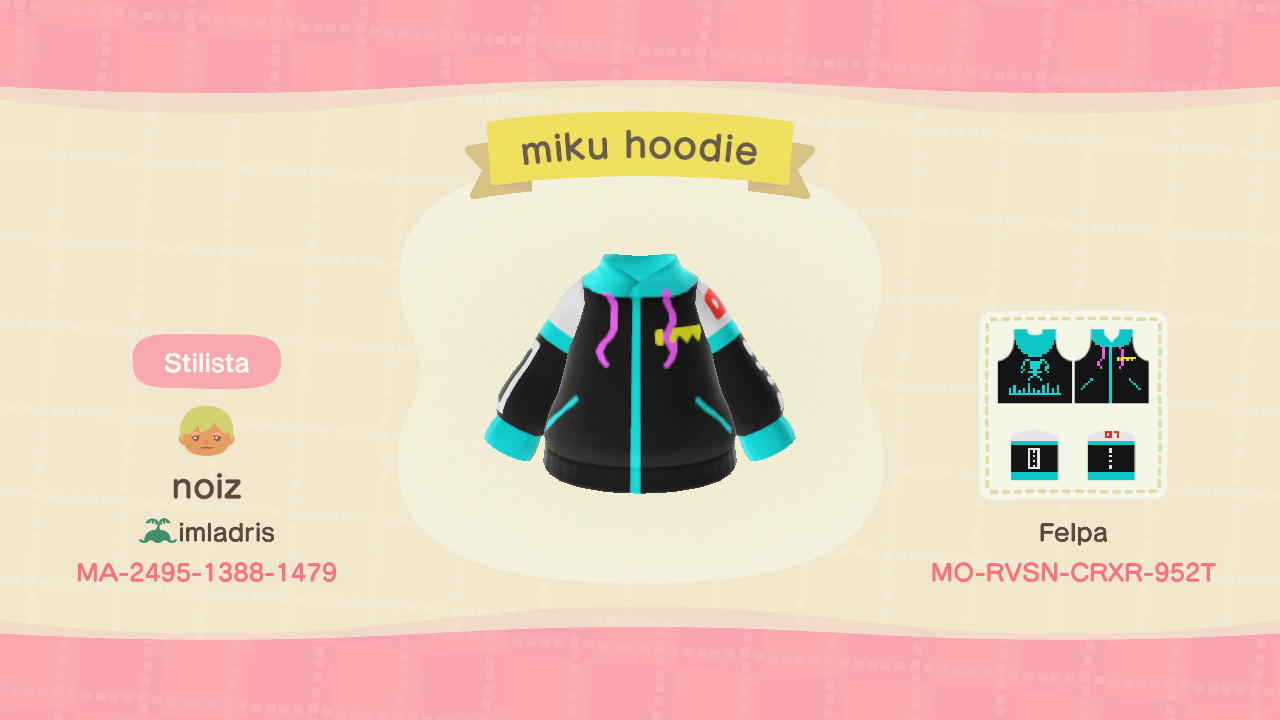 Animal Crossing Design Code: MO-RVSN-CRXR-952T Miku hoodie