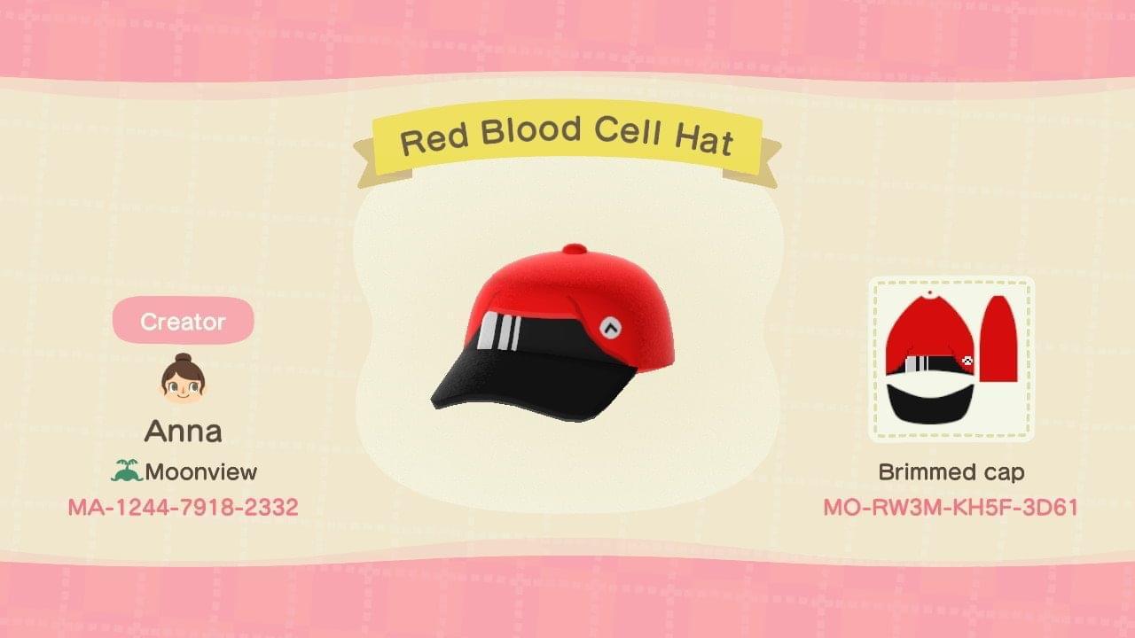 Animal Crossing Design Code: MO-RW3M-KH5F-3D61 Red Blood Cell Hat