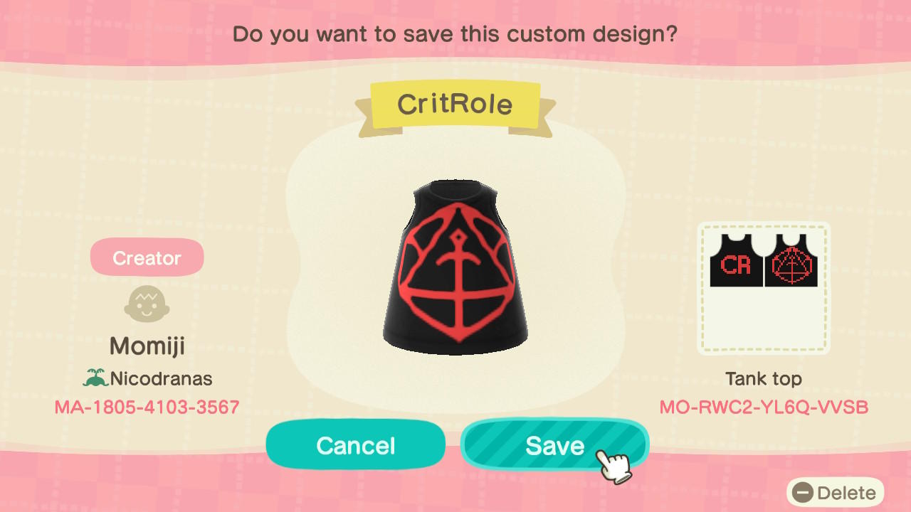 Animal Crossing Design Code: MO-RWC2-YL6Q-VVSB CritRole logo