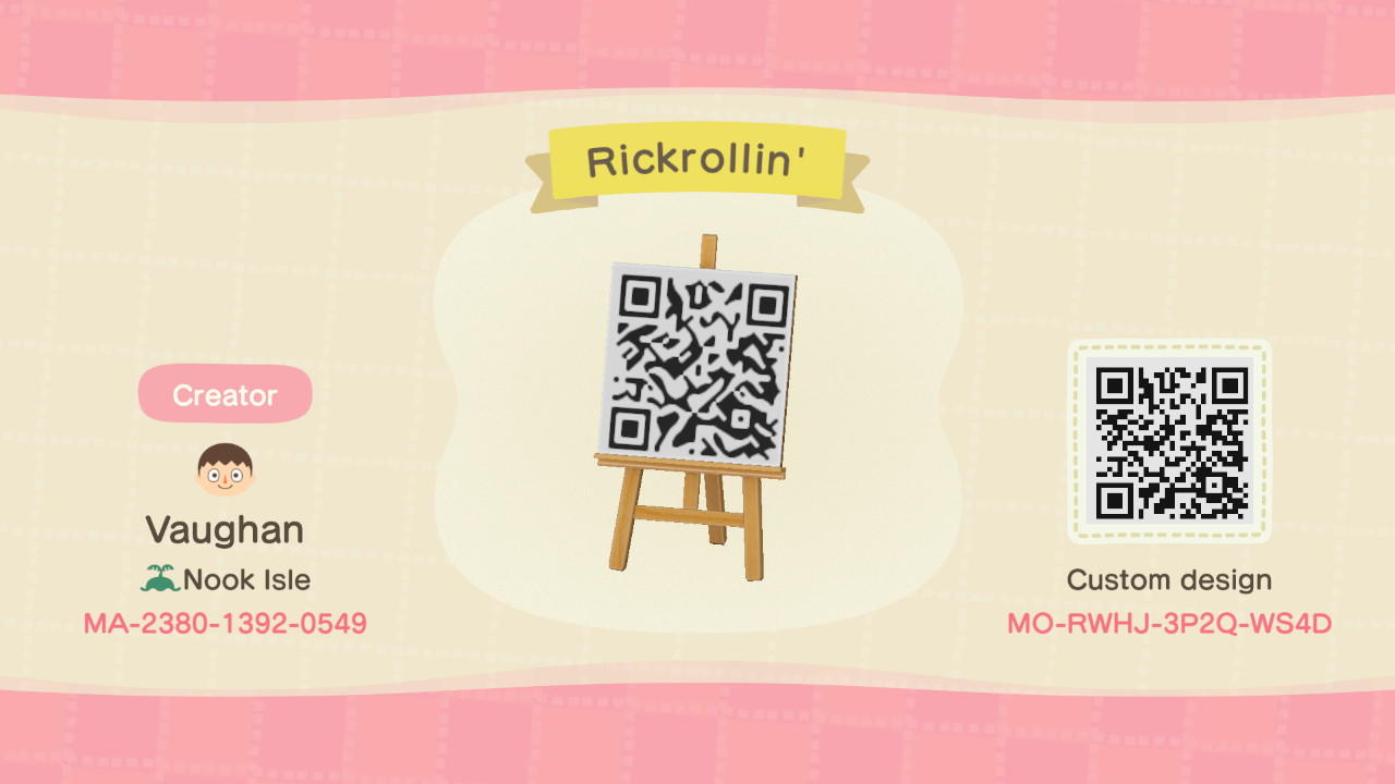 Animal Crossing Design Code: MO-RWHJ-3P2Q-WS4D Rickrollin&#39;