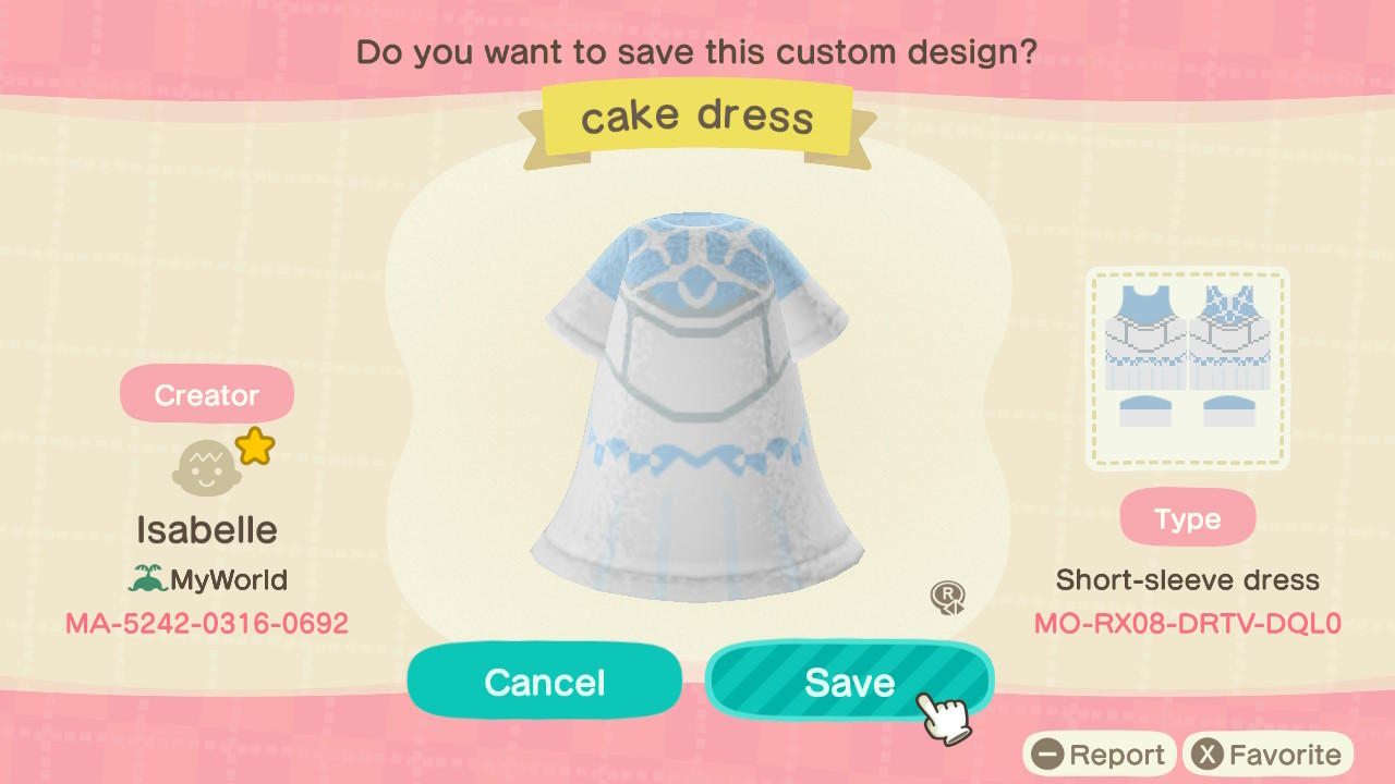Animal Crossing Design Code: MO-RX08-DRTV-DQL0 Cake Dress