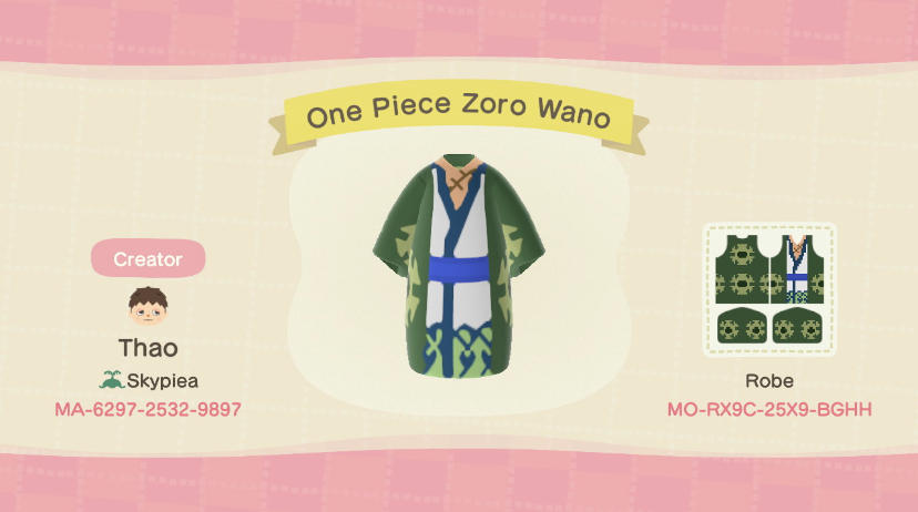 Animal Crossing Design Code: MO-RX9C-25X9-BGHH One Piece Zoro Wano
