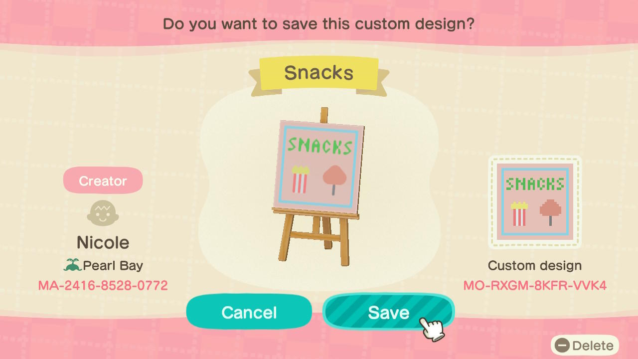 Animal Crossing Design Code: MO-RXGM-8KFR-VVK4 Snacks