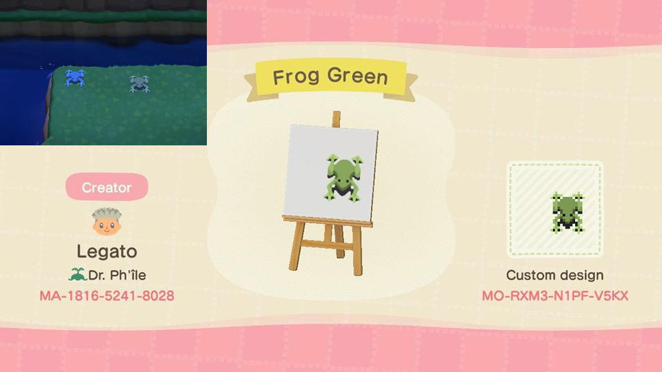Animal Crossing Design Code: MO-RXM3-N1PF-V5KX Frog Green