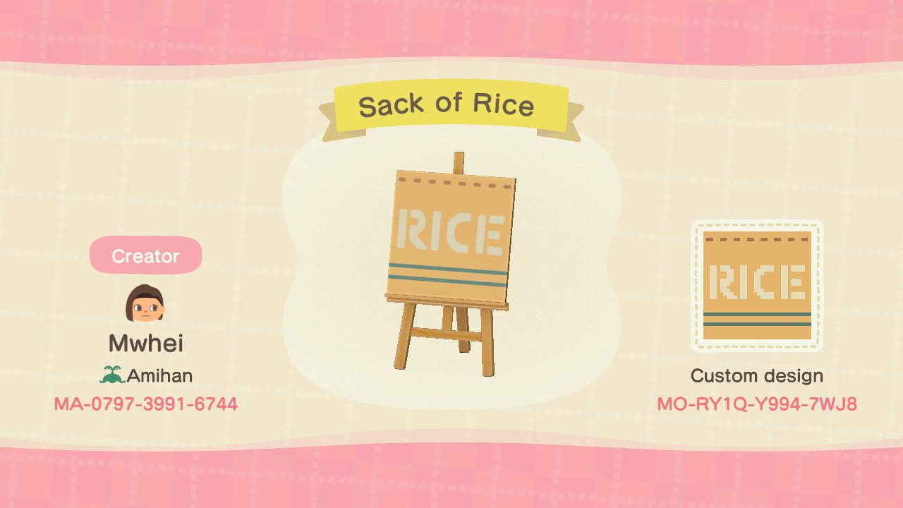 Animal Crossing Design Code: MO-RY1Q-Y994-7WJ8 Rice Sack