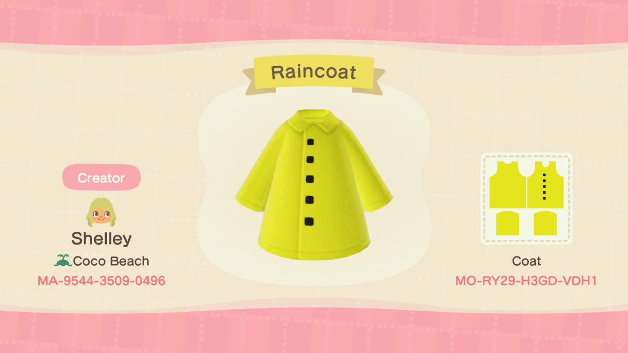 Animal Crossing Design Code: MO-RY29-H3GD-VDH1 Yellow Raincoat
