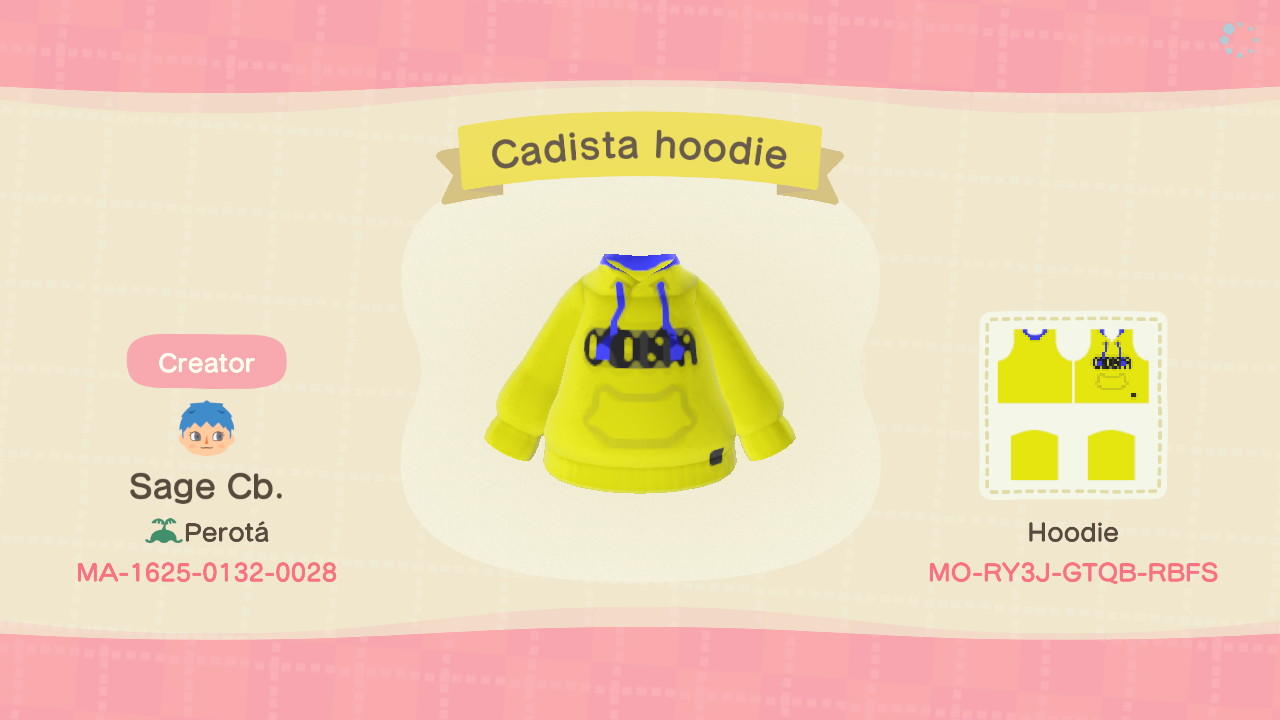 Animal Crossing Design Code: MO-RY3J-GTQB-RBFS Cadista hoodie