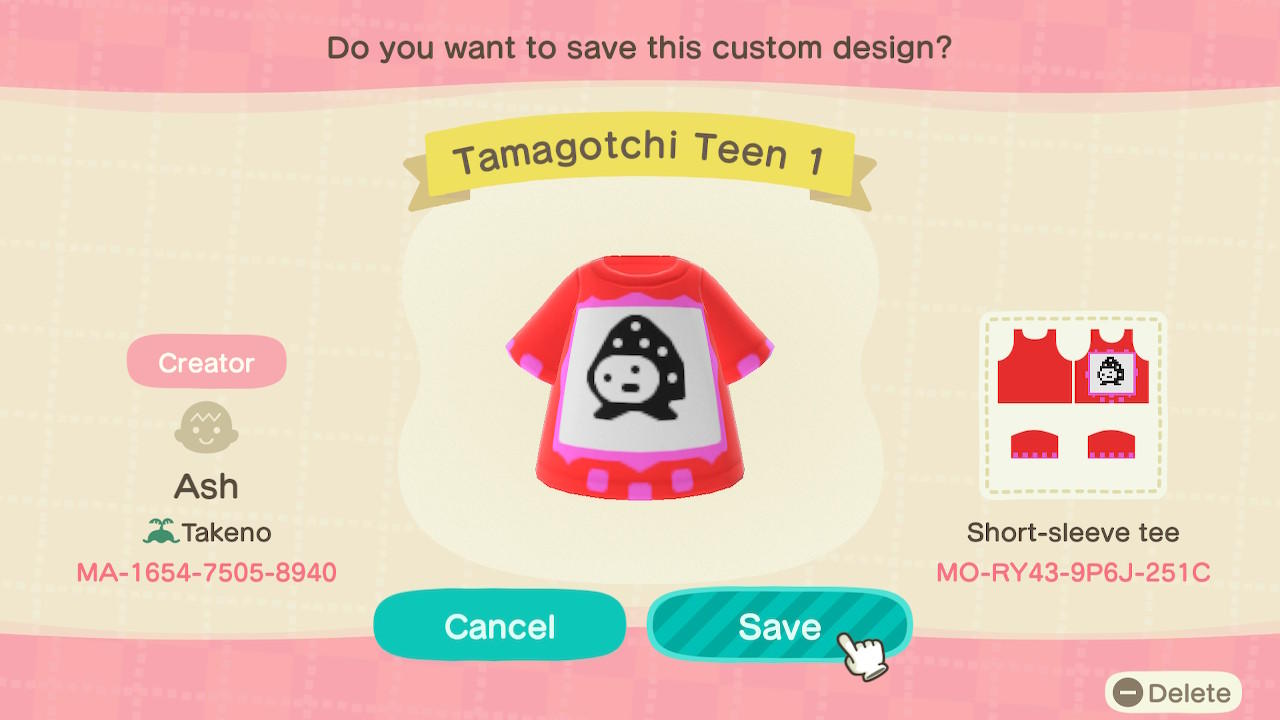 Animal Crossing Design Code: MO-RY43-9P6J-251C Tamagotchi Teen 1